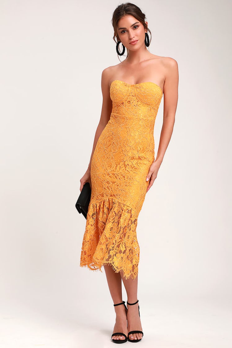 Divine Nights Golden Yellow Lace Strapless Midi Dress