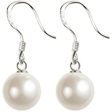 TomSunlight 925 Sterling Silver 8mm White Pearl Dangle Earrings Vintage Authentic Hook Earrings