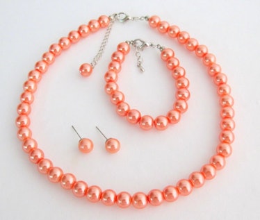Orange Pearl Set Orange Pearl Necklace Orange Pearl Bracelet Orange Pearl Earrings Bridesmaid Free S...