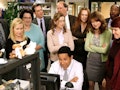 'The Office' cast looking at Oscar's computer, in need of Instagram captions.
