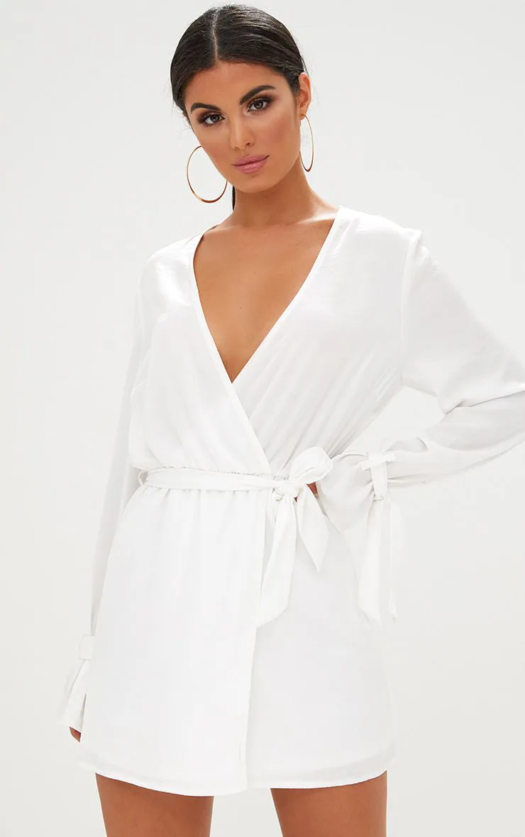 white satin wrap cuff detail shift dress White Satin Mini Wrap Dress: Deep V Neck Bishop Sleeve