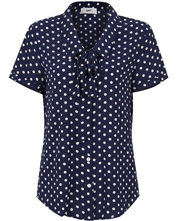 Choies Women Royal Blue Vintage Bow Tie Front Polka Dot Print Short Sleeve Shirt