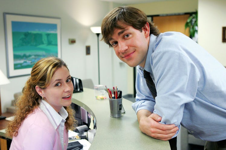 Pam & Jim smiling on 'The Office', in need of Instagram captions.