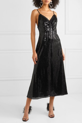 Open-Back Lace-Trimmed Sequined Crepe Midi Dress