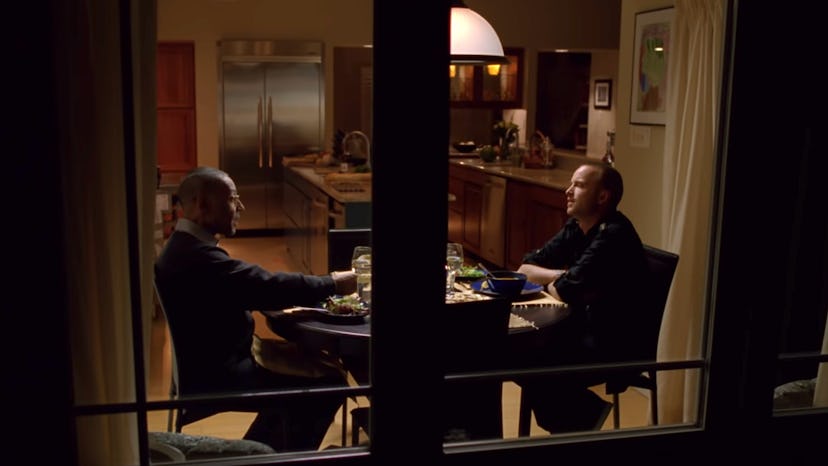 Giancarlo Esposito as Gus Fring and Aaron Paul as Jesse Pinkman in a scene from Breaking Bad