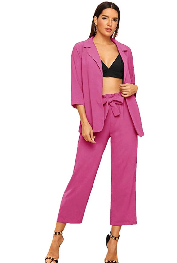 SheIn Women's 2 Piece Outfit Notched Neck 3/4 Sleeve Blazer and Wide Leg Belted Pants Set
