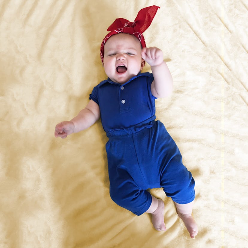 kid in homemade rosie the riveter halloween costume