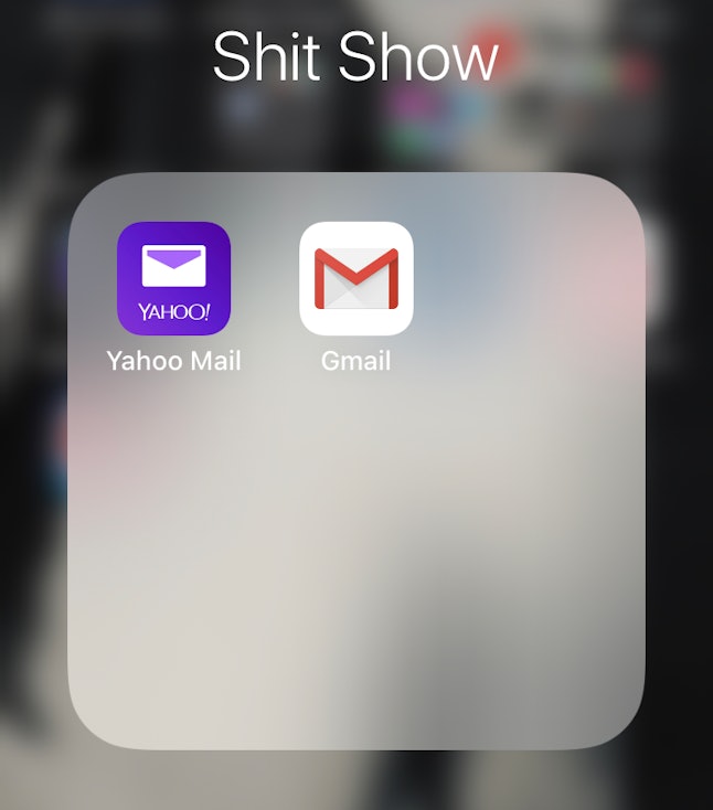 A screenshot of an iPhone app folder labeled "Shit Show," containing two email apps, shows how you can hide your email apps to use your phone more mindfully