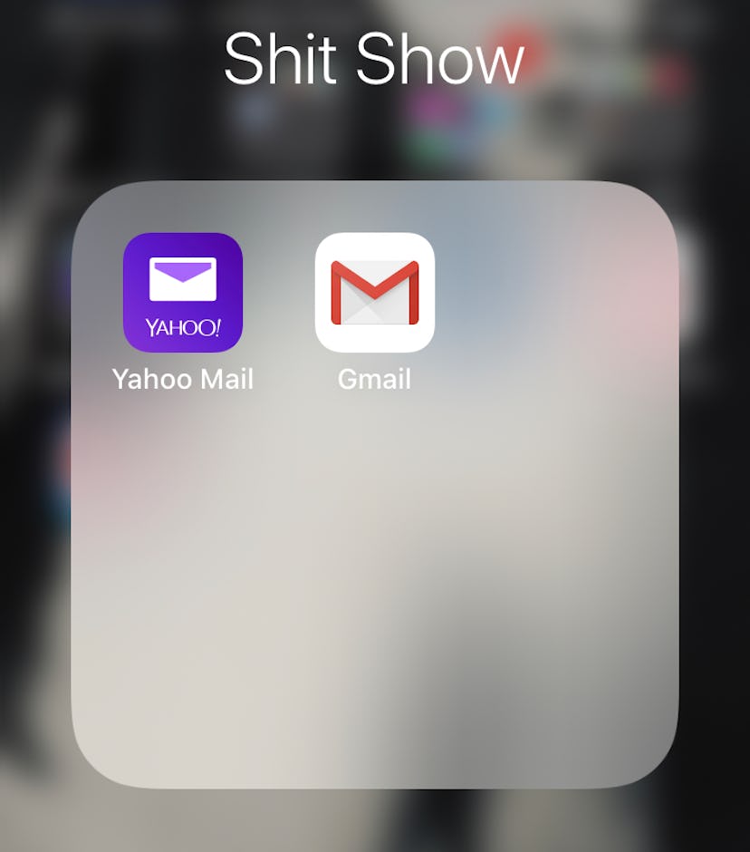 A screenshot of an iPhone app folder labeled "Shit Show," containing two email apps, shows how you c...