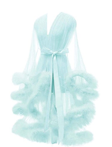 Lamosi Sexy Feather Robe Illusion High Low Boudoir Robe Nightgown Bathrobe Bridal Lingerie Wedding S...
