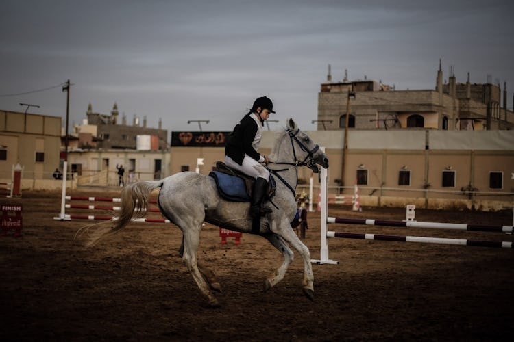 Young Palestinian girl trots around a corral in Gaza on her white horse.