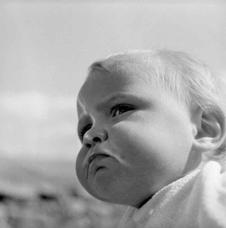 A chubby-cheeked toddler gazes out over a valley.