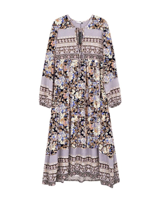 R.Vivimos Women's Long Sleeve Floral Print Retro V Neck Tassel Bohemian Midi Dresses