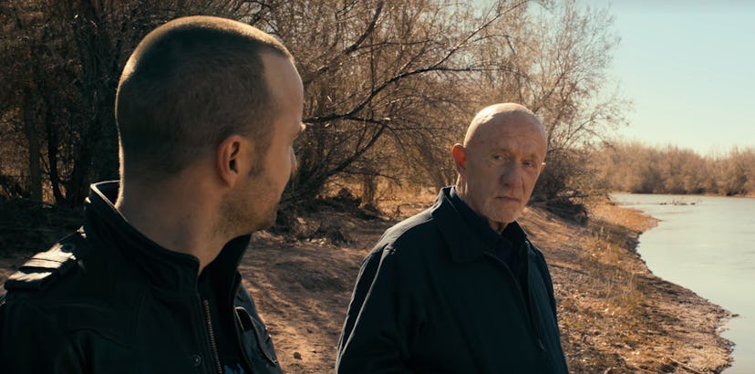 Aaron Paul as Jesse Pinkman and Jonathan Banks as Mike Ehrmantraut in 'El Camino: A Breaking Bad Mov...