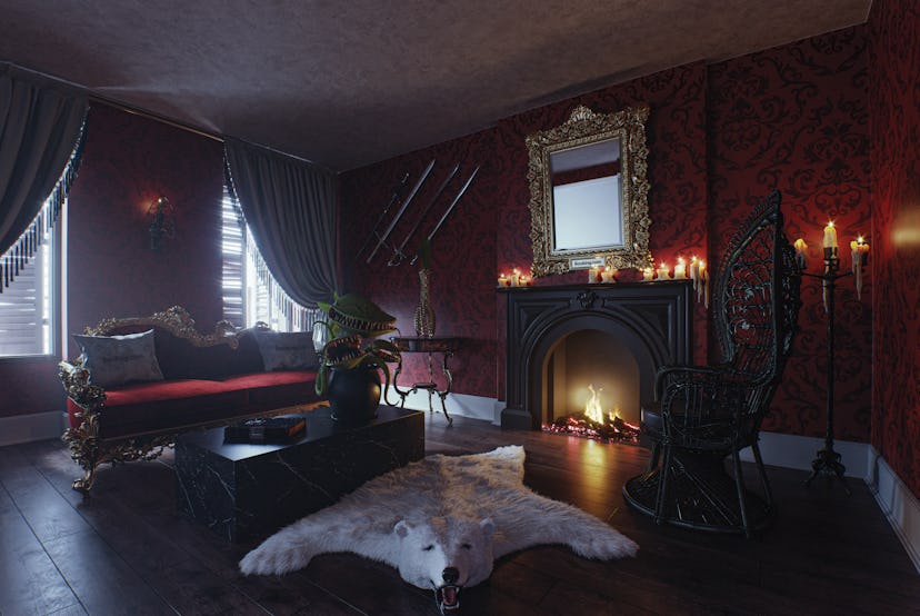 A look inside the Addam's Family home living room, which is available to rent on Booking.com. 