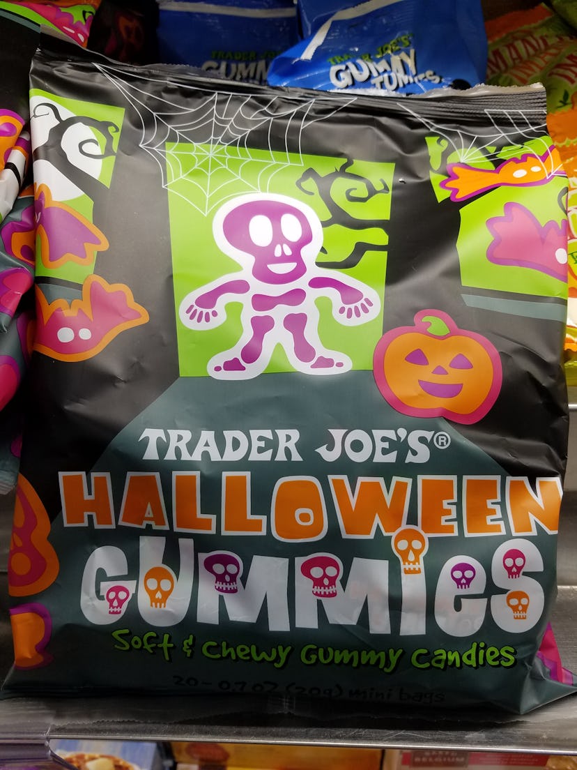 Trader Joe's offers mini-pouches of Halloween gummy candy to give to trick-or-treaters.