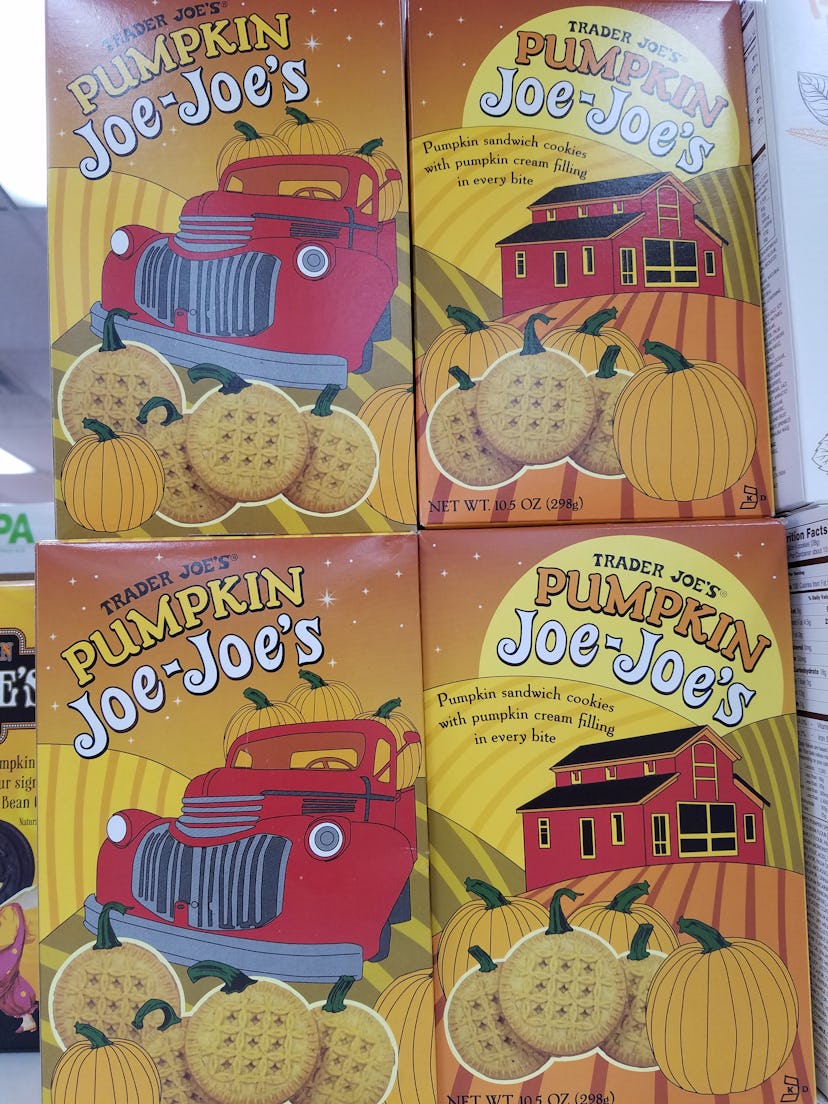 Trader Joe's Pumpkin Joe-Joe's are a pumpkin spice sandwich cookie.
