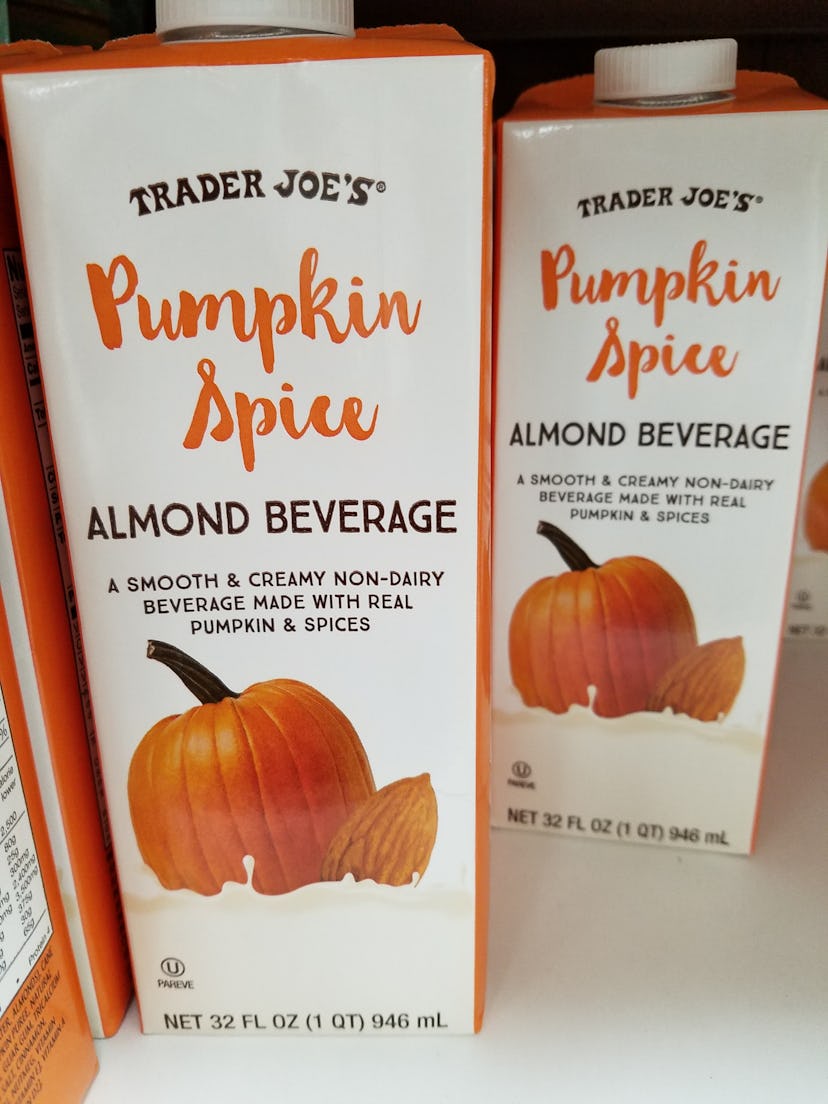 Trader Joe's almond milk comes in a pumpkin spice version for Halloween.