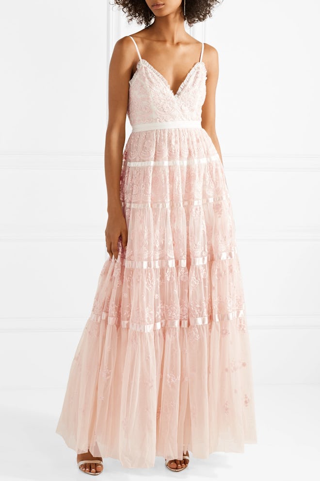 Satin-Trimmed Embroidered Tulle Gown