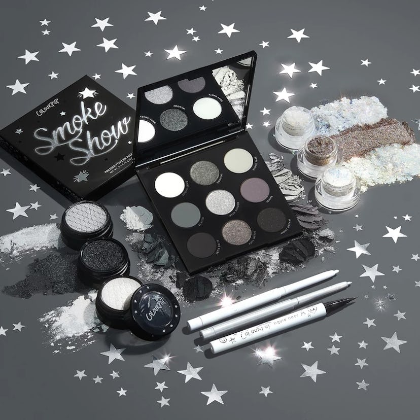 Eyeshadow palette, glitter, and liner from ColourPop's new collection, The Smoke Show