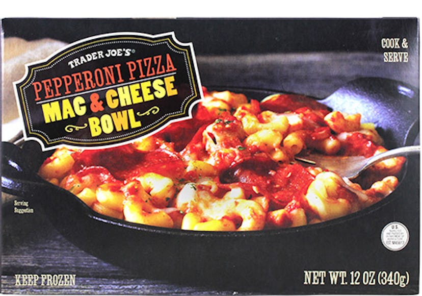 The pepperoni pizza mac and cheese is a real dream — ready in six minutes. Image credit: Trader Joe'...