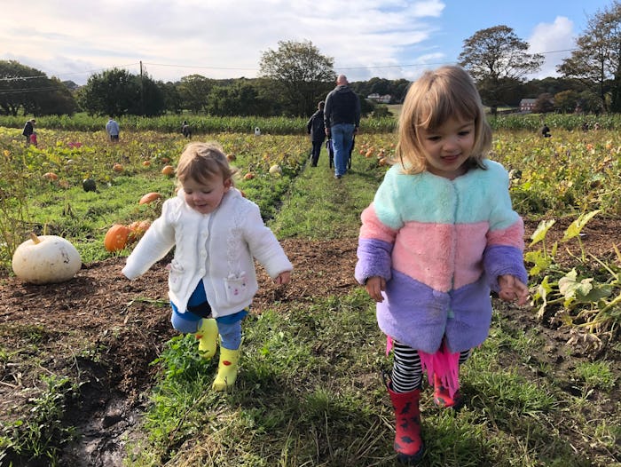Two little girls being photographed while walking around a pumpkin field