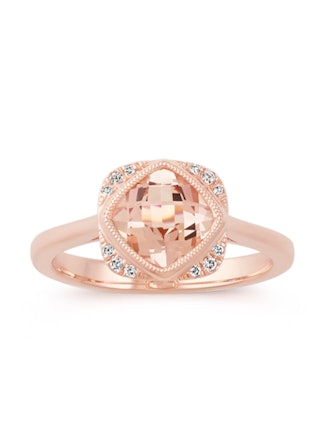 Cushion Cut Morganite and Round Diamond 14k Rose Gold Ring