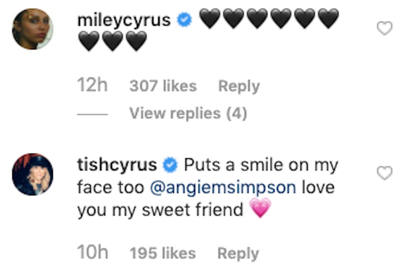 Comments from Miley Cyrus and Tish Cyrus on Angie Simpson's Instagram post