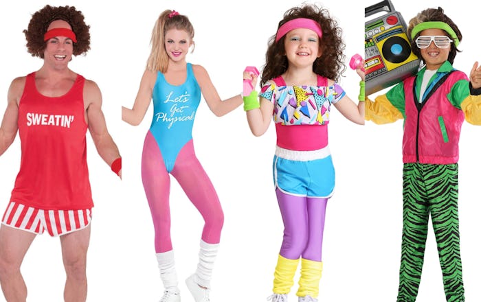 A family wearing '80s workout Halloween costumes