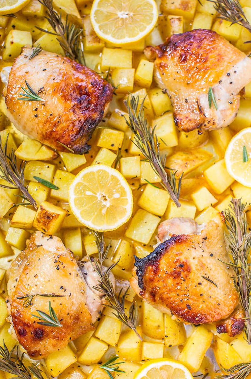 sheet pan recipes with chicken thighs, one pan honey lemon chicken and roasted potatoes