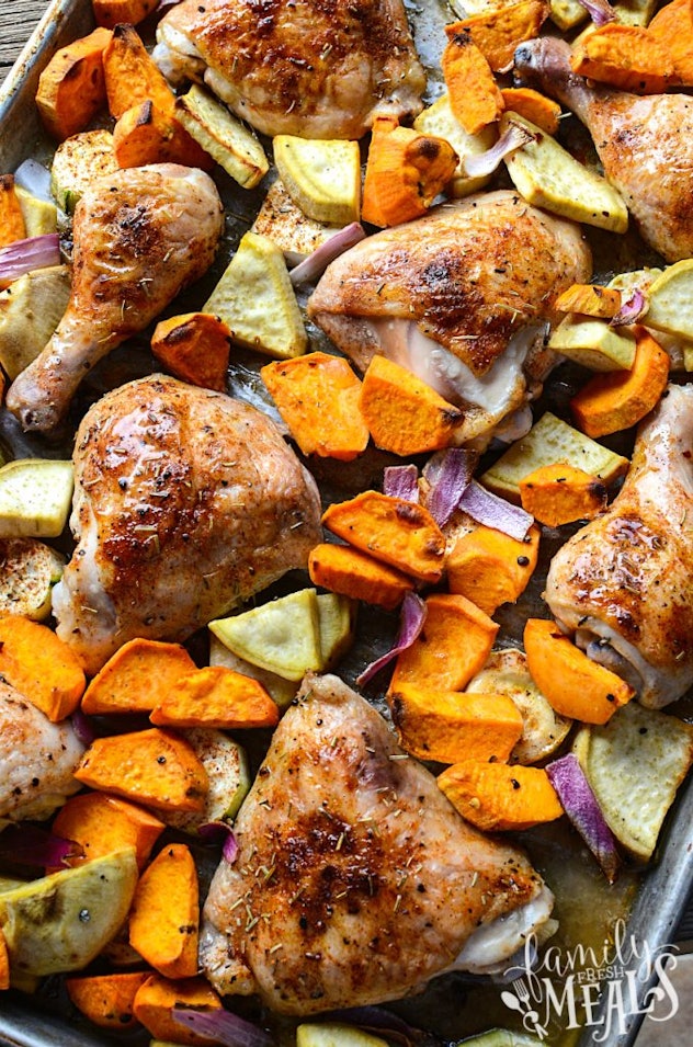 sheet pan recipes with chicken thighs, roasted chicken sheet pan dinner