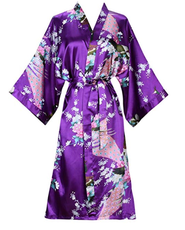 ellenwell Women's Kimono Robe Peacock & Blossoms Satin Nightwear