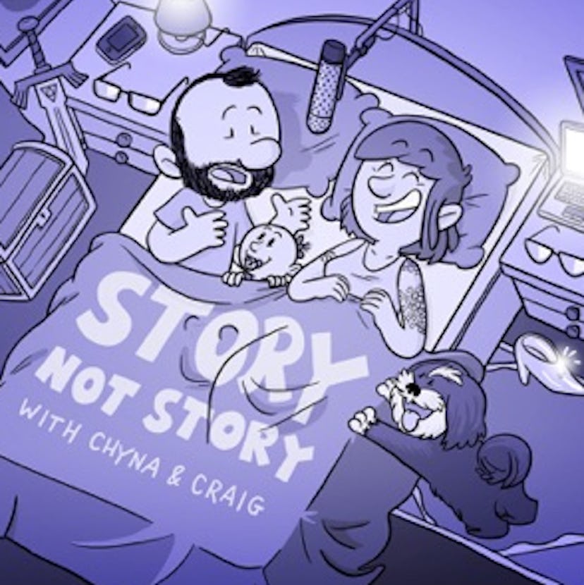 Podcasts hosts of Story Not Story tell stories that they make up on the spot. 