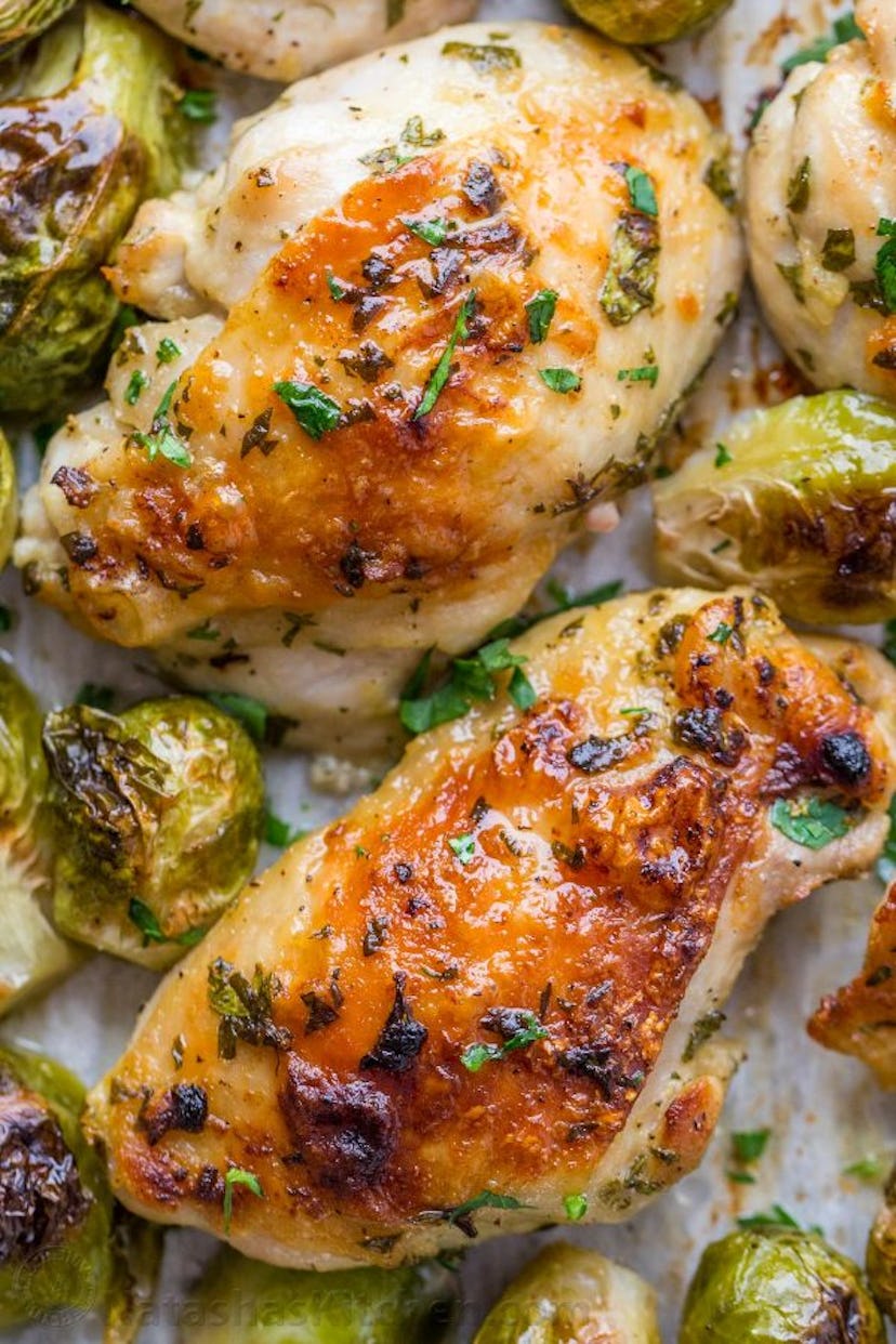 sheet pan recipes with chicken thighs, garlic dijon chicken and brussels sprouts