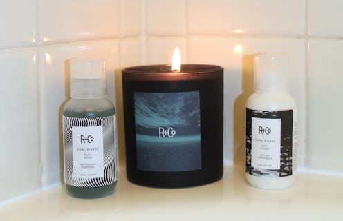 R+Co's new DARK WAVES Body Wash and Lotion with candle