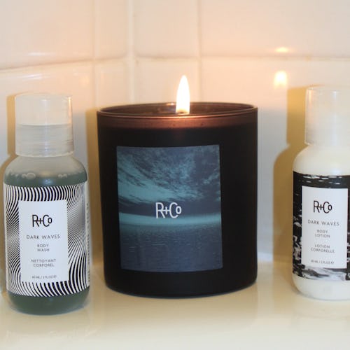 R+Co's new DARK WAVES Body Wash and Lotion with candle