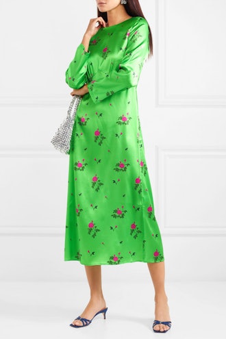 Neon Floral-Print Silk-Blend Satin Midi Dress