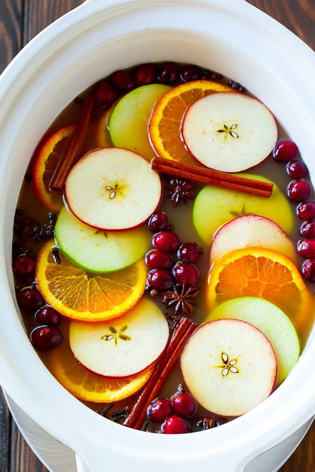 slow cooker apple cider in crock pot with cinnamon and cranberries