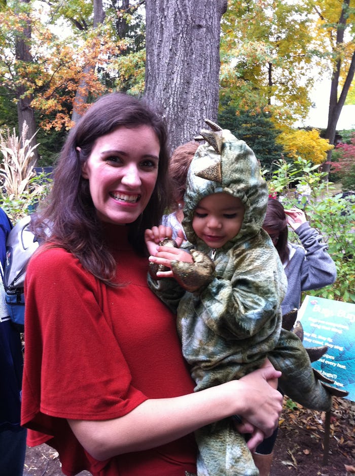 Author Cat Bowen holds autistic son in his soft, sensory-friendly Halloween costume. 