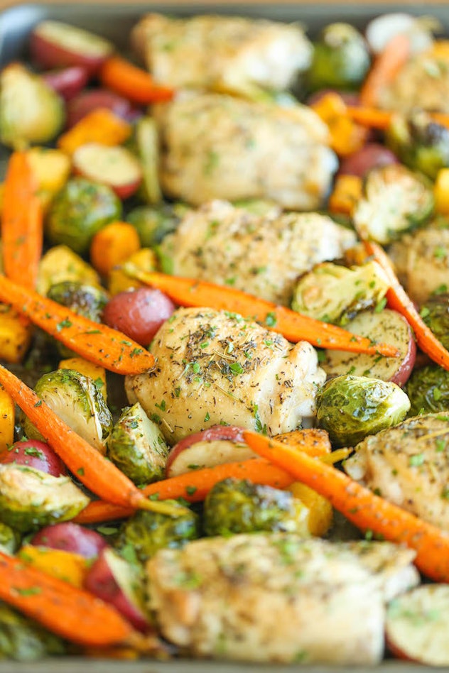 sheet pan recipes with chicken thighs, one pan roasted chicken with fall vegetables