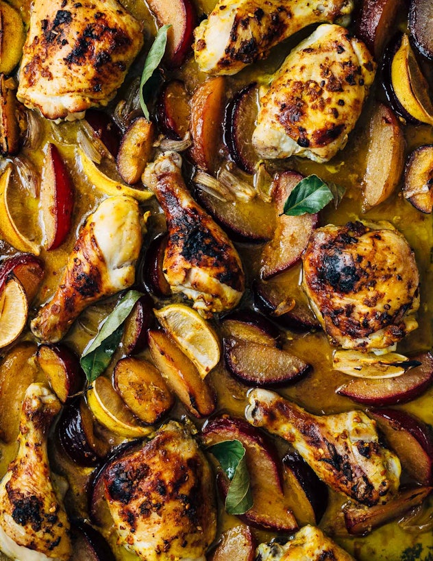 sheet pan recipes with chicken thighs, sheet pan saffron chicken and plums