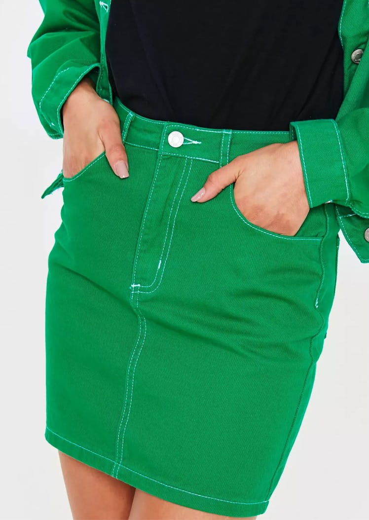 green contrast stitch co ord denim skirt