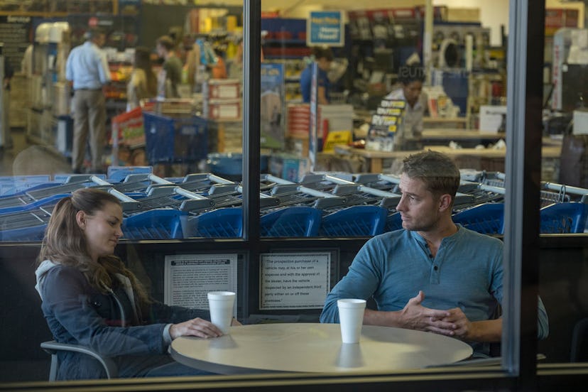 Cassidy and Kevin having coffee together at a store on This Is Us. 
