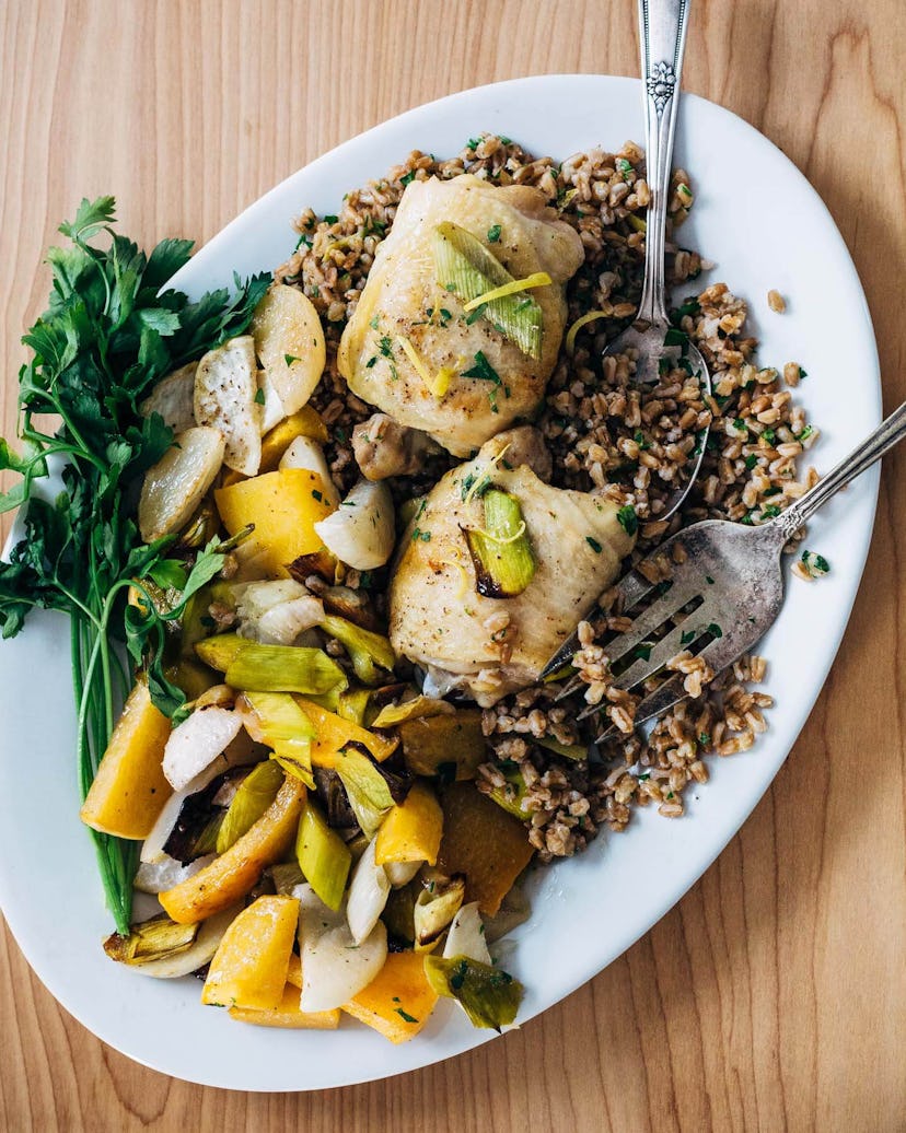 sheet pan recipes with chicken thighs, sheet pan roasted chicken and vegetables over farro