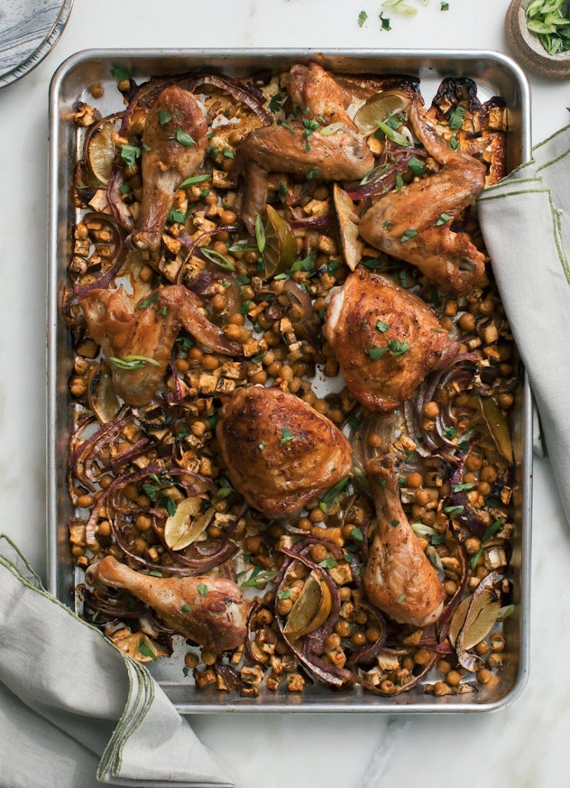 sheet pan recipes with chicken thighs, sheet pan harissa chicken with chickpeas and eggplant 