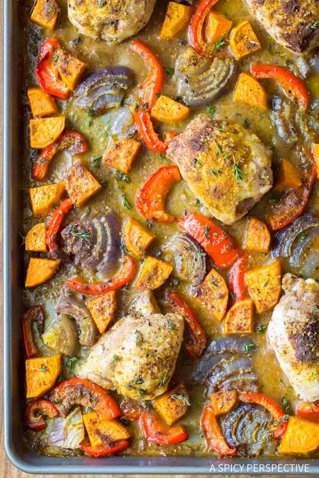 sheet pan recipes with chicken thighs, caribbean chicken curry sheet pan dinner