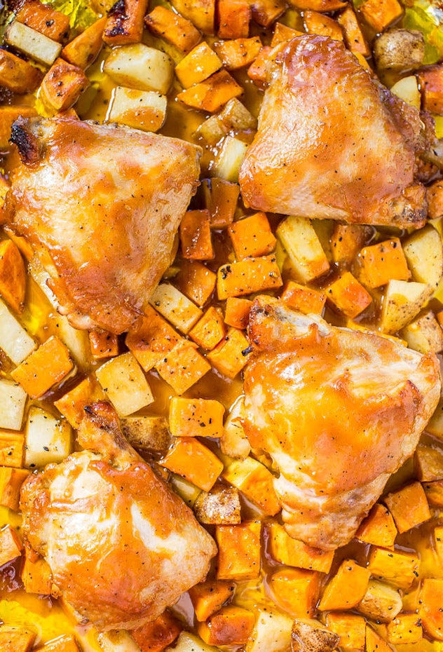 sheet pan recipes with chicken thighs, one pan barbecue chicken and roasted sweet potatoes