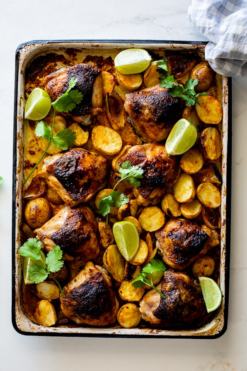 sheet pan recipes with chicken thighs, curried baked chicken thighs with potatoes