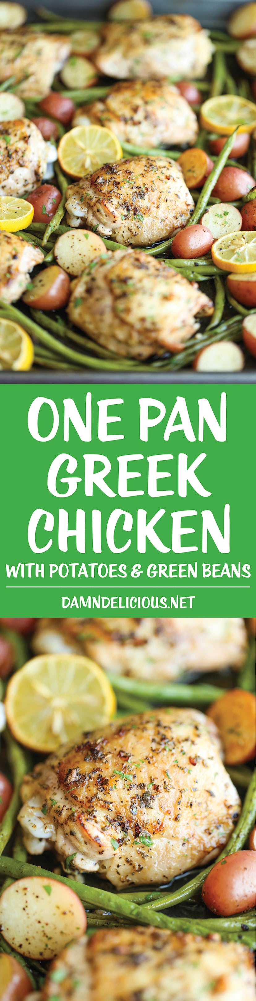 sheet pan recipes with chicken thighs, one pan greek chicken with green beans and potatoes