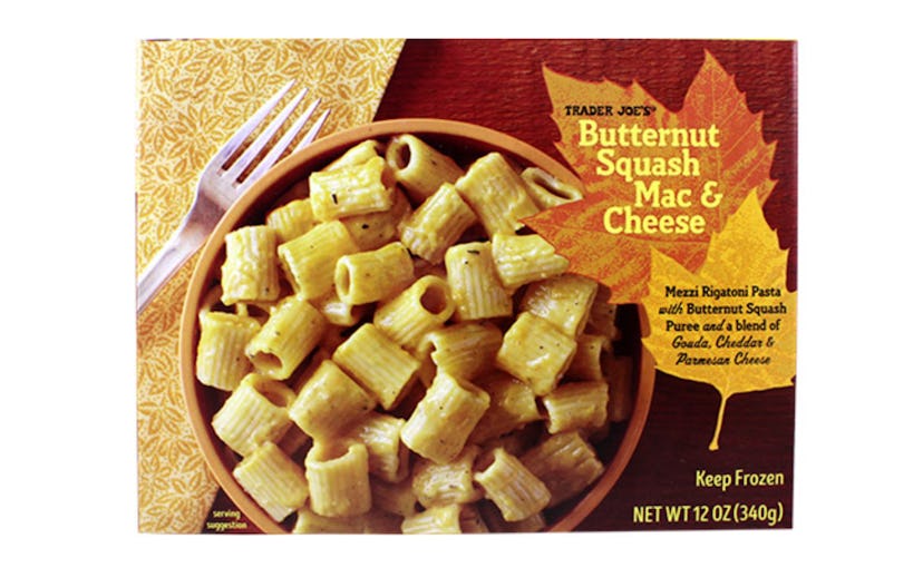 A picture of a box of butternut squash macaroni and cheese from TraderJoe's. 